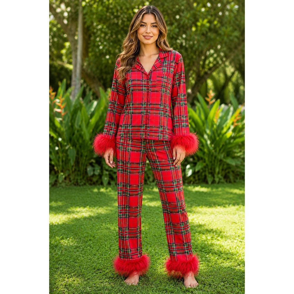 BON VIVIANN Red Plaid Feather Trim Pajama Set Women's Satin 2 Pc